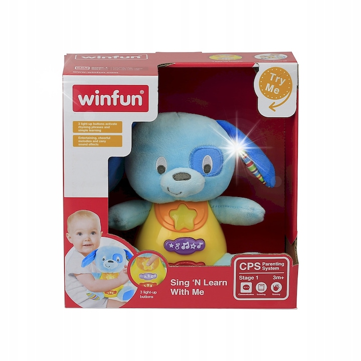 Jucarie de plus interactiva, Winfun, catel, 3 butoane functionale, invatare cifre si litere, multicolor, 3M+