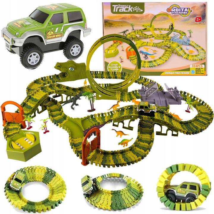 Комплект писта за състезания с колички, Stator, Dino Park, 324 елемента, 530см, включена електрическа количка