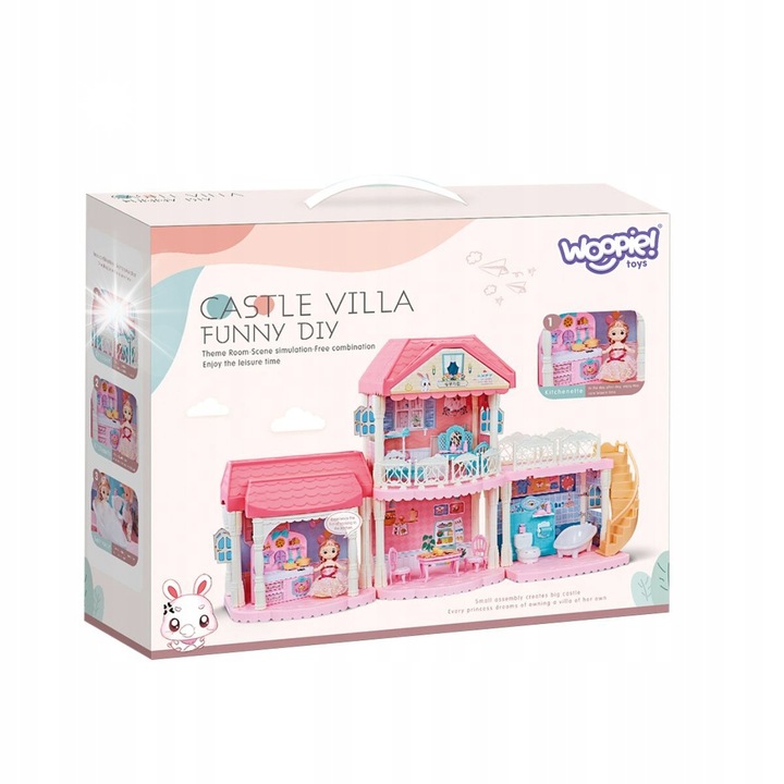 Babaház KASTÉLY VILLA XXL, babával és bútorokkal, 90x22x52cm, többszínű