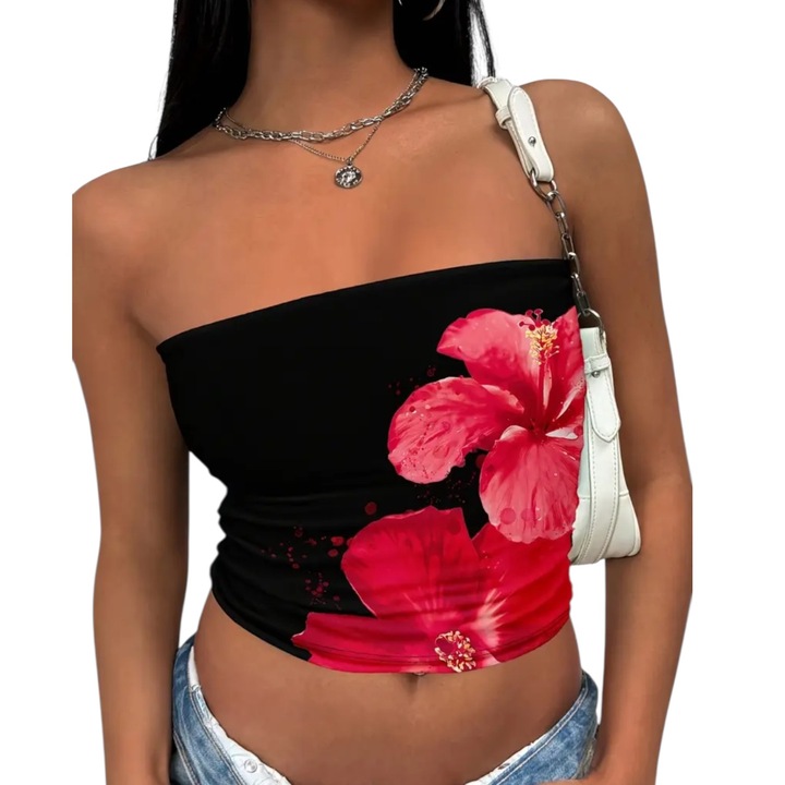 Bustiera dama, neagra, floare rosie, elastica, XS