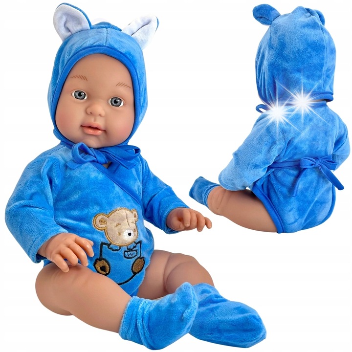 Lala Bobas Woopie 46 cm, imbracat in costum de Misi, cu membre mobile, albastru