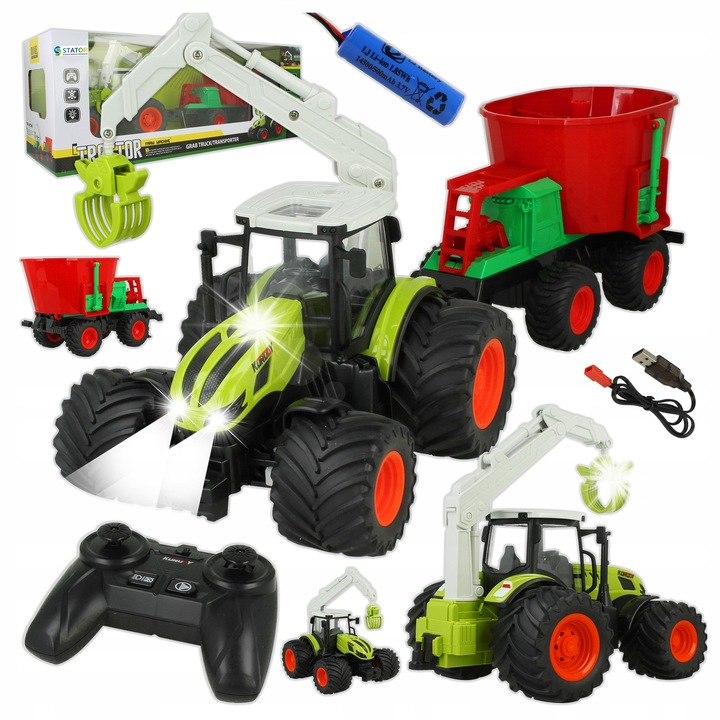 Трактор Stator, 1:24, с LED светлини, 43см, комплект с ремарке