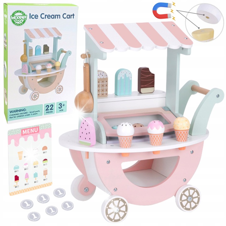 Carucior cu inghetata din lemn, Woopie, set 3 in 1, 3 conuri, 6 bile magnetice, 4 inghetate pe bat, 1 lingura, 1 meniu, 6 monede, pentru copii de la 3 ani