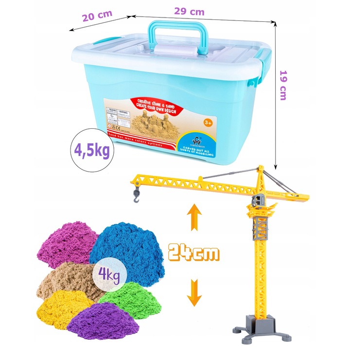 Комплект кинетичен пясък XXL 4 кг, Stator, 6 цвята, 29 форми, 9 инструмента, 3 строителни машини, 55x41x7 см