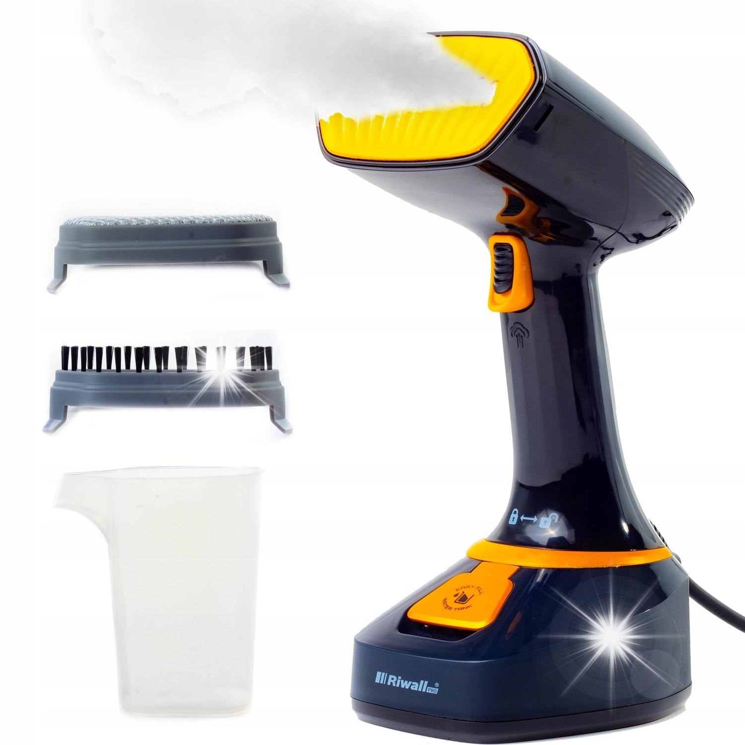 Parownica Riwall RX-01, 7 in 1, 1700W, abur continuu, rezervor 320ml, neagra cu portocaliu
