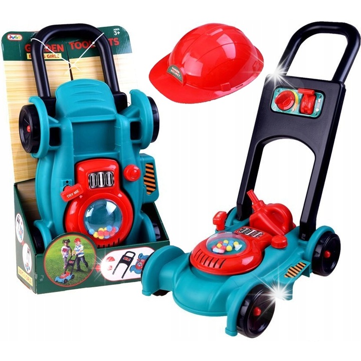 Set jucarie gradinarit, Stator, masina de taiat iarba, casca, canistra, multicolor, 53x44x28cm