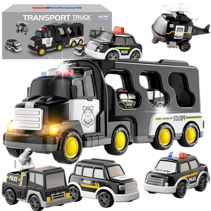 Set mare de masini de politie, Woopie, 7 vehicule, sunete si lumini, 33,5x9x13,5cm