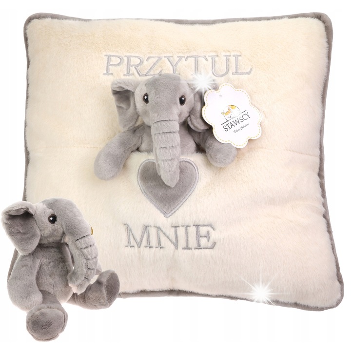 Set jucarie de plus, Stawscy, pernuta, elefant, crem-gri, 40x40cm, 22x20cm