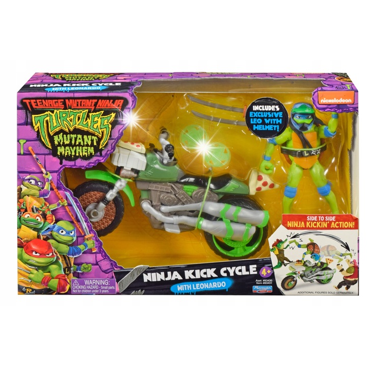 Фигурка Playmates Toys, комплект Костенурките нинджа, мотоциклет Ninja Kick Cycle с Леонардо, 11см, 18см, многоцветен