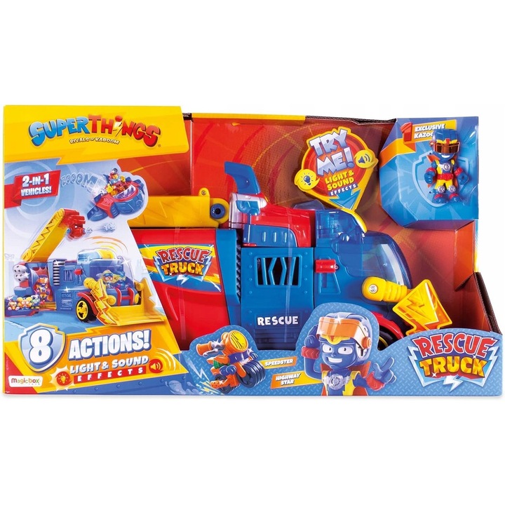 Количка Super Things, Спасителен камион, червено-синьо, 19757, комплект с колекционерска фигурка, за деца над 3 години
