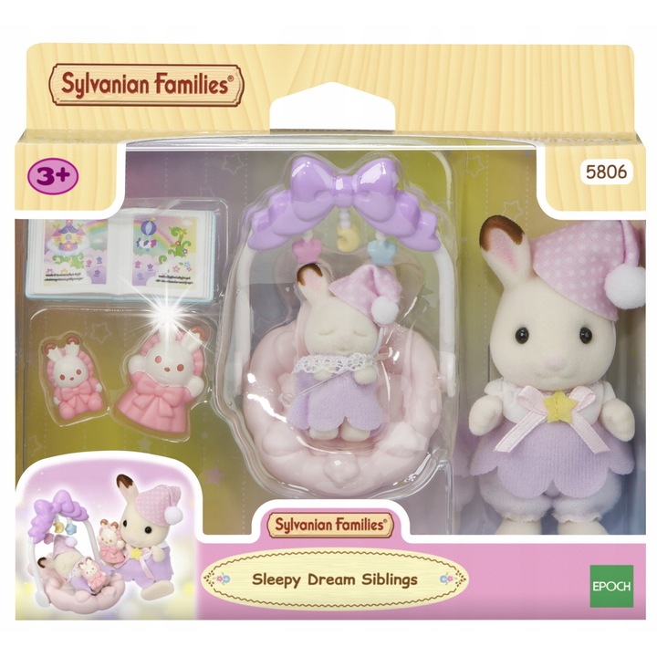 Комплект фигурки Sylvanian Families, зайчета с шоколадови уши, 2 фигурки, люлка, 2 плюшени играчки, книжка, 3-9 години