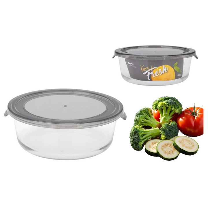 Cutie alimentara din sticla rezistenta la caldura, Ravi, rotunda, 1300 ml, gri, set cu capac
