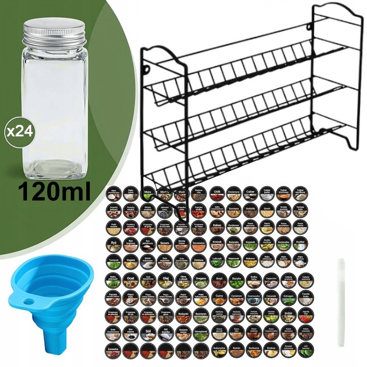 Organizator pentru condimente TODOMI, set 24 recipiente, 3 niveluri, negru, 39x11x25cm