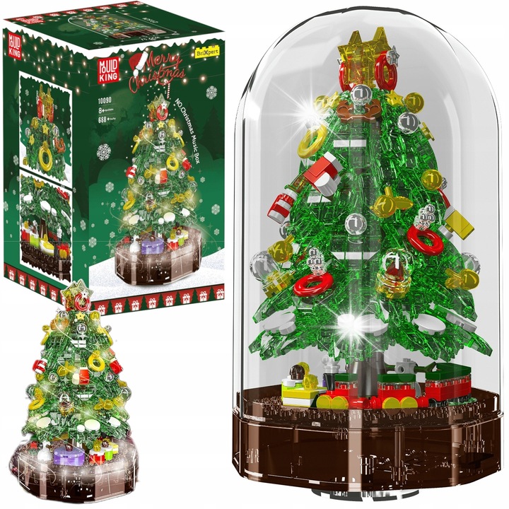 Set de constructie Toy Planet, brad de Craciun, 688 piese, muzica si lumini LED