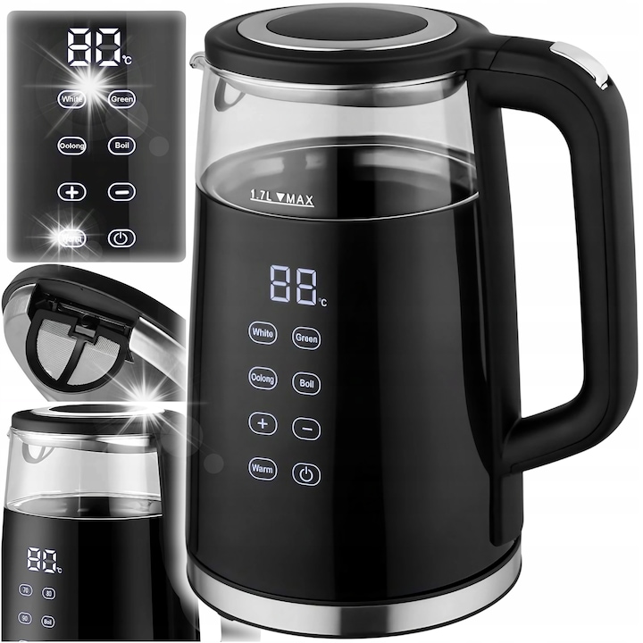 Fierbator electric din sticla, 1,7L, 2200W, display digital, reglare temperatura 40-100°C, functie mentinere caldura