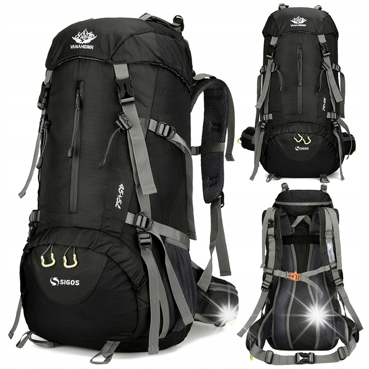 Rucsac turistic SIGOS 50L, negru, 69x30x24cm, sistem de ventilatie, impermeabil
