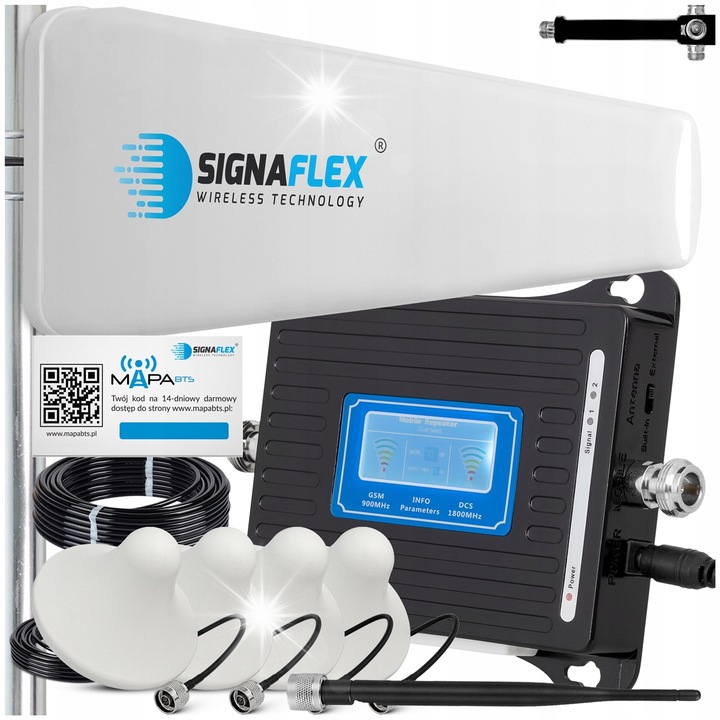 Комплект усилвател GSM/4G LTE LCD3000, насочена антена T1 20 dBi, 4 вътрешни антени 8 dBi, 30м кабел, черен, SIGNAFLEX