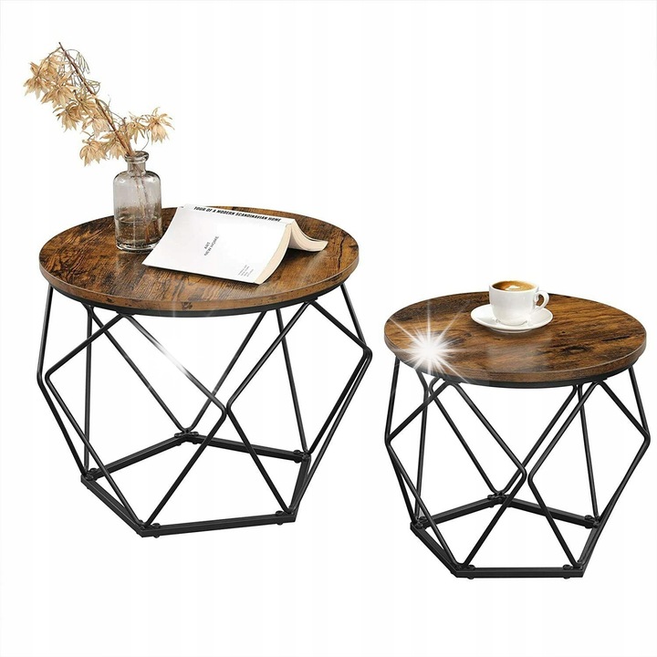 Комплект от 2 маси, индустриален дизайн, кръгъл плот, цвят рустик кафяв, 50x50x40см