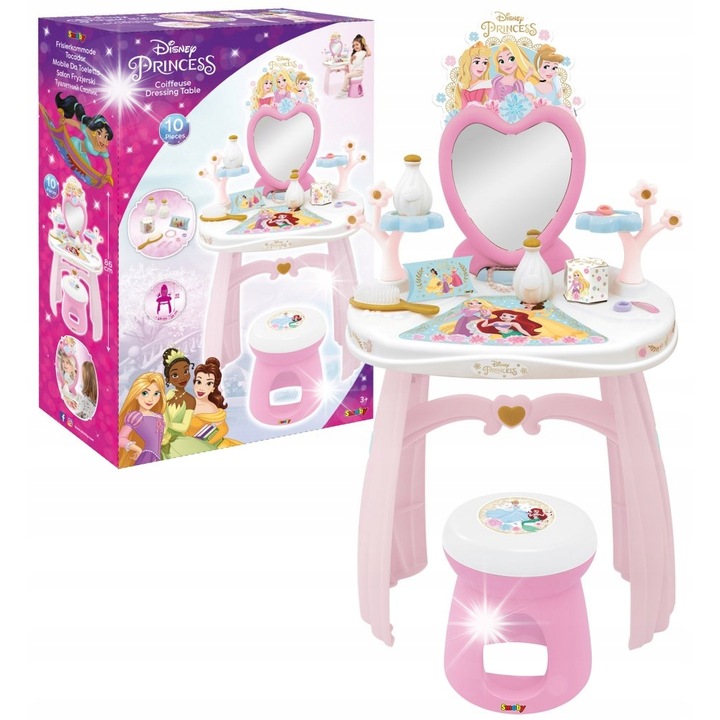 Тоалетна масичка за момиченца Smoby, със столче и 10 аксесоара, 48x29x86см, розова