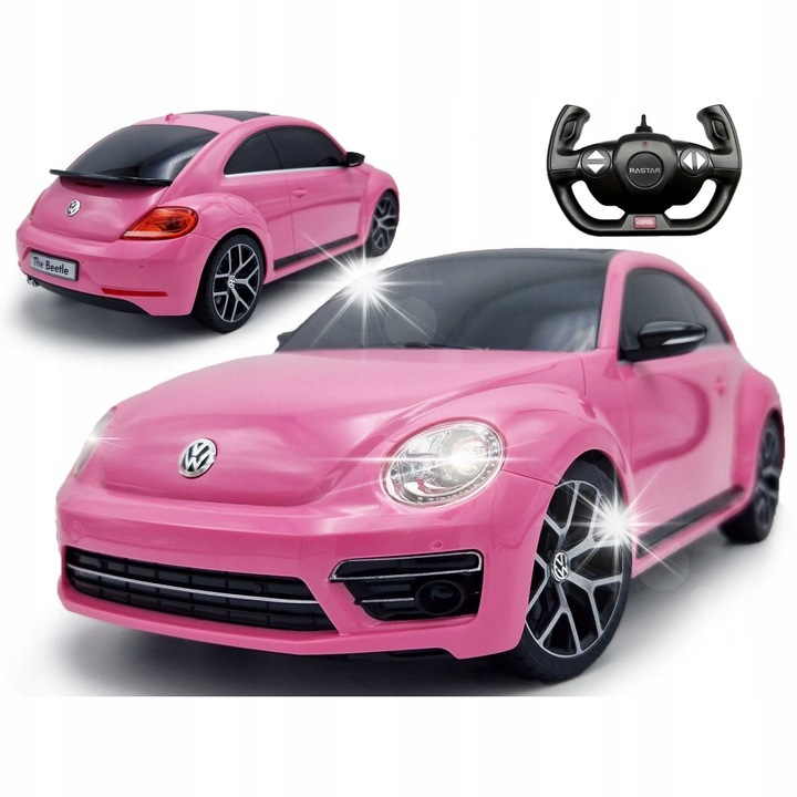 Masinuta Rastar Volkswagen Beetle 1:14, roz, cu lumini LED, dimensiuni 30x14.3x10.7cm