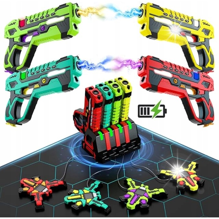 Комплект лазерен таг за 4 играчи, VATOS, презареждащи се пистолети и жилетки, 5 режима на оръжия, 4 цвята на отбора, 40м обхват