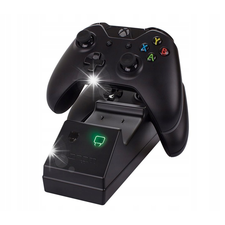 Incarcator dublu pentru controlere Xbox One, Venom, cu 2 acumulatori, functie de incarcare rapida, compact, negru