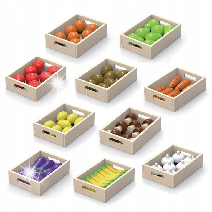 Set legume si fructe, Viga, 10 cutii din lemn, 14x19,5x5,5cm, 3+ ani