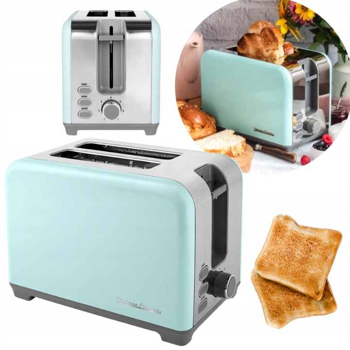 Toster retro, 780-930 W, 7 niveluri rumenire, verde menta, set