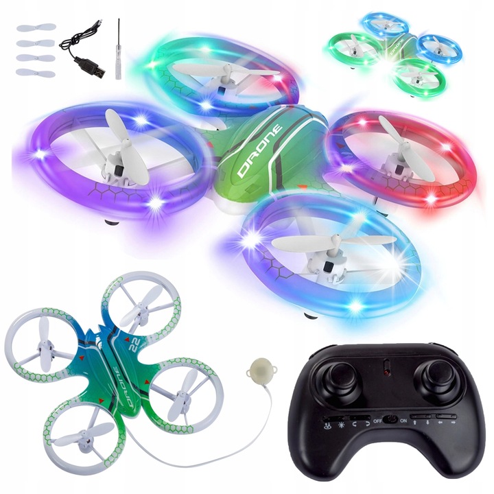 Mini dron Stator cu LED, 3 moduri de viteza, dimensiuni 12,5x12,5cm, set complet pentru copii