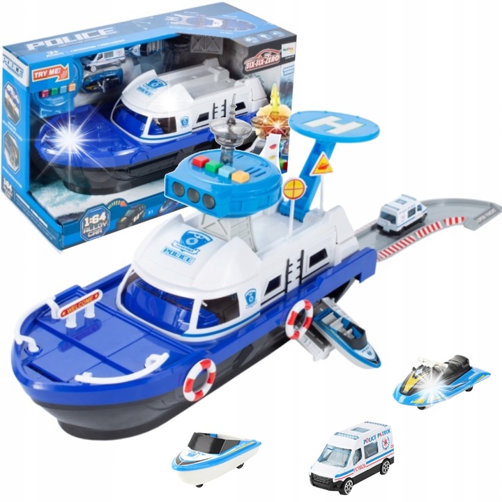 Barca cu turn de control, set cu vehicule, efecte luminoase, 20x68x17cm