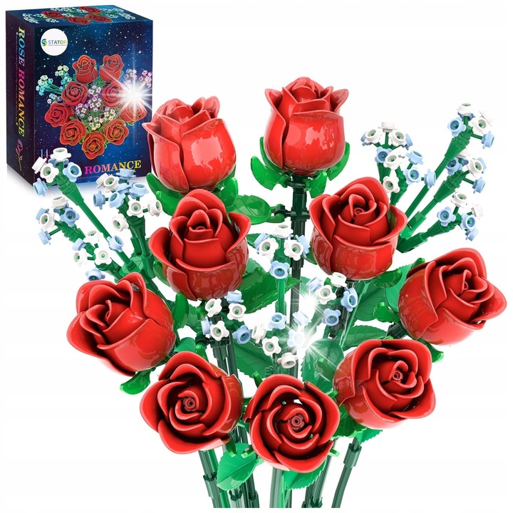 Set de constructie, Stator, Bukiet de flori, 9 trandafiri rosii, 3 ramuri de gipsowka, 649 elemente, 25x18x7cm