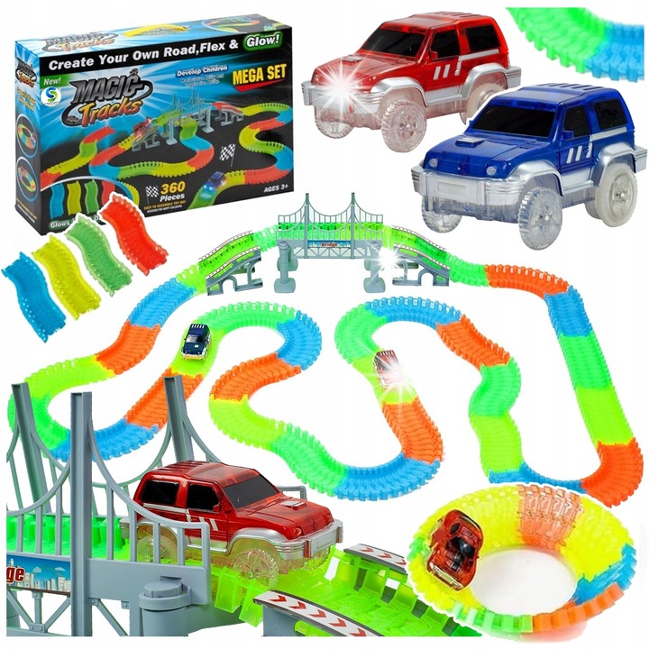 Set pista auto iluminata 360 elemente, Stator, 2 masinute cu efecte luminoase, multicolor, 540cm