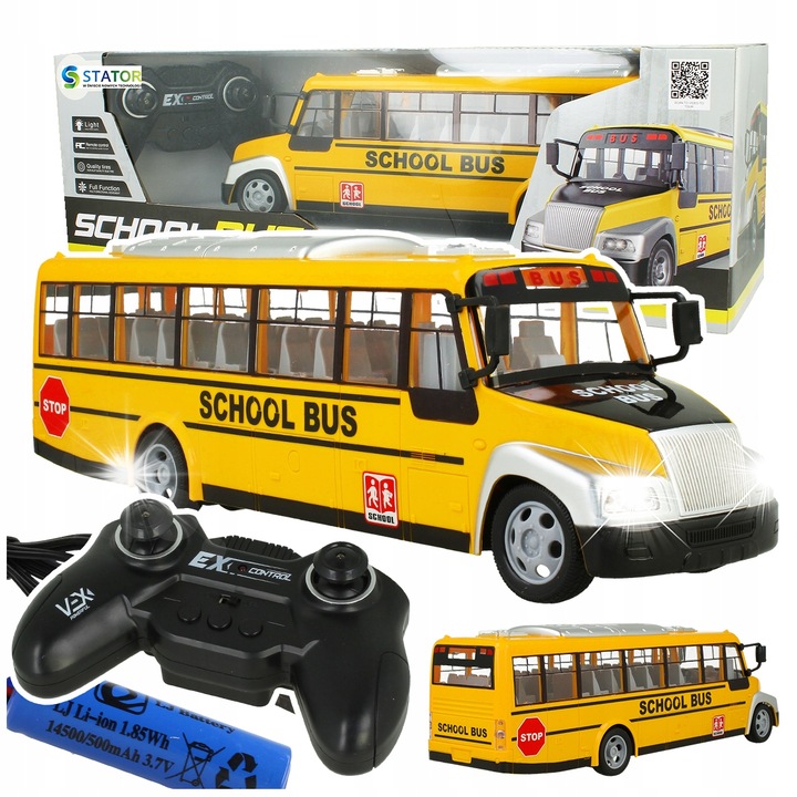 Autobuz scolar interactiv cu telecomanda, Stator, 32x7,5x10,5cm, acumulator, lumini LED
