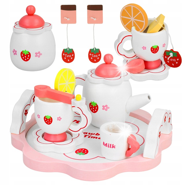 Set de ceai din lemn pentru copii, Stator, 16 piese, design capsuni, cutie rotunda, 3+ ani