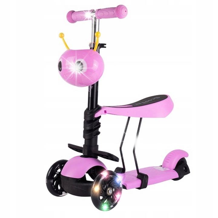 Trotineta pentru copii 3 in 1 Stator, balansabila, cu sezut, roti LED, reglabila, 54-76cm, 24-32cm, multicolor