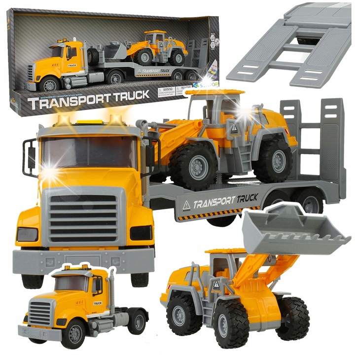 Комплект 2в1 Камион с ремарке и багер, Статор, 55x9x12см, звукови ефекти и LED светлини, гумени колела