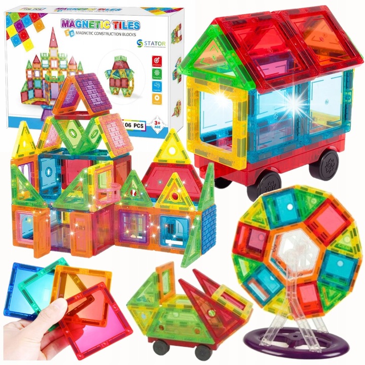 Комплект за конструиране Магнитни блокчета, 106 елемента, 3D, илюстрации за конструиране, многоцветен, 3+ години