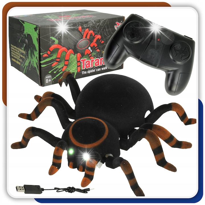 Pók tarantula távirányítással, Stator, falon mozgó, zöld LED szemek, 16x18x4,5cm, távirányítóval és USB kábellel