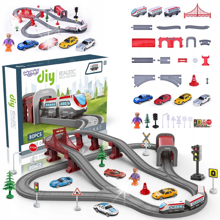 Set trenulet electric Woopie, 80 elemente, locomotiva, vagoane, multicolor