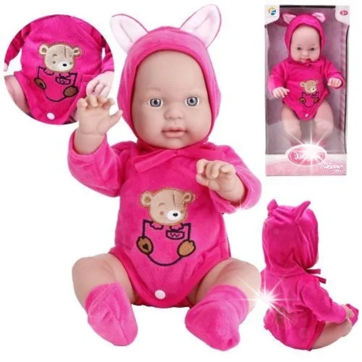 Papusa Bobas Woopie 46 cm, imbracata in costum albastru cu ursulet, membre mobile