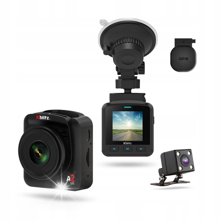 Camera auto DVR Xblitz A2 GPS, Full HD, camera de marsarier, 140° unghi de vedere, set cu doua camere