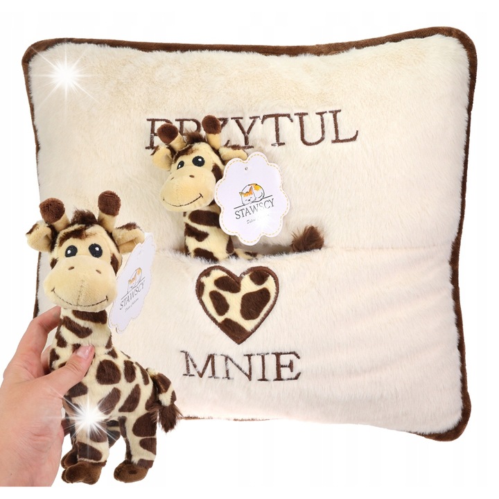 Set cadou perna + jucarie de plus girafa, Stawscy, crem cu detalii maro, 40x40cm, 24cm x 15cm