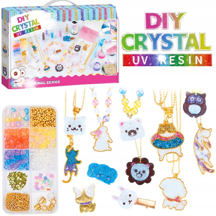 Set creativ pentru realizarea bijuteriilor din rasina UV, Stawscy, 6 culori de sclipici, 6 sabloane metalice, 38x24x5cm