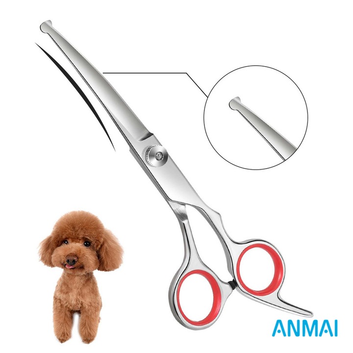 Foarfeca profesionala curbata de tuns caini, pisici si alte animale de companie, Anmai, Varf rotund de siguranta, Ergonomic, Din otel inoxidabil, 17.3 cm, Argintiu/Rosu