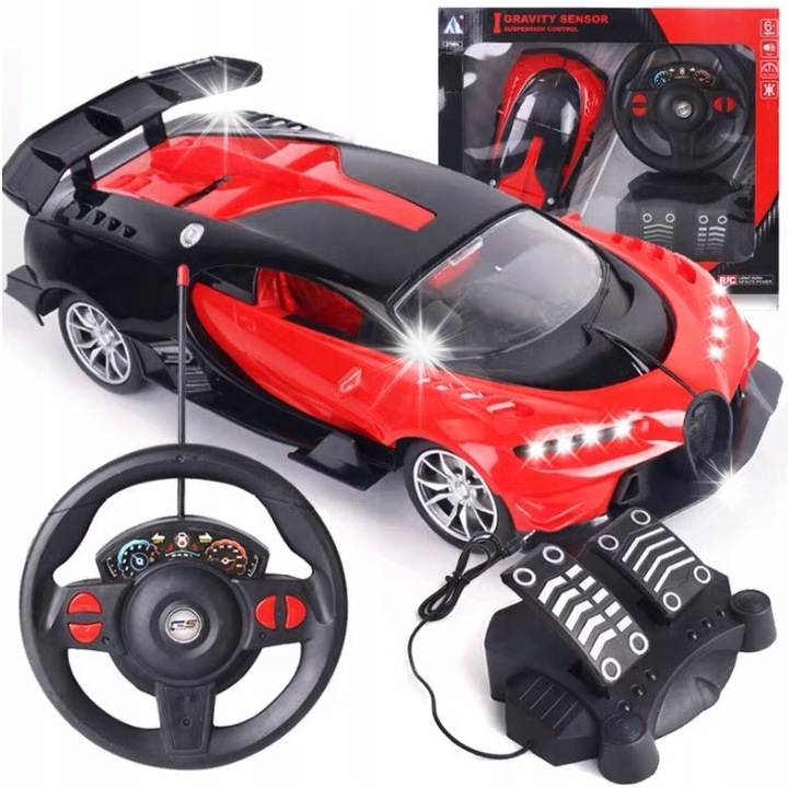 Masinarca cu telecomanda Bugatti Chiron, rosie, 31x14,5x9cm, control traditional si grawitational, set cu pedale