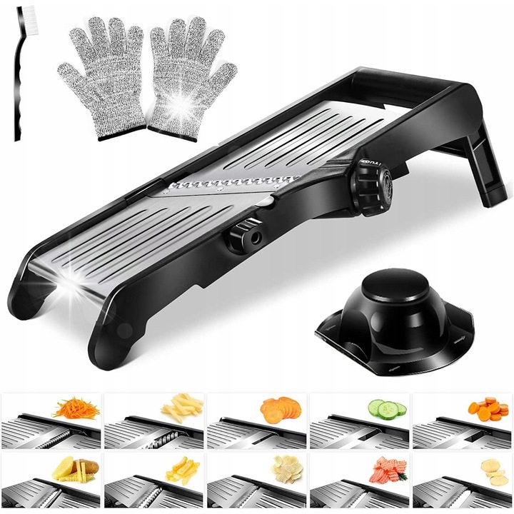 Razatoare multifunctionala pentru legume si fructe, ZREE, neagra, set cu manusi si recipient, din otel inoxidabil