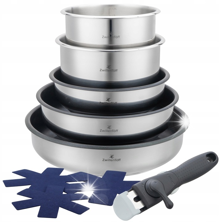 Комплект тенджери и тигани ZwillenToff, 9 части, тенджери 16x8см и 18x9см, тигани 20x6,5см, 24x6,5см и 28x6,5см, инокс, с подвижна дръжка