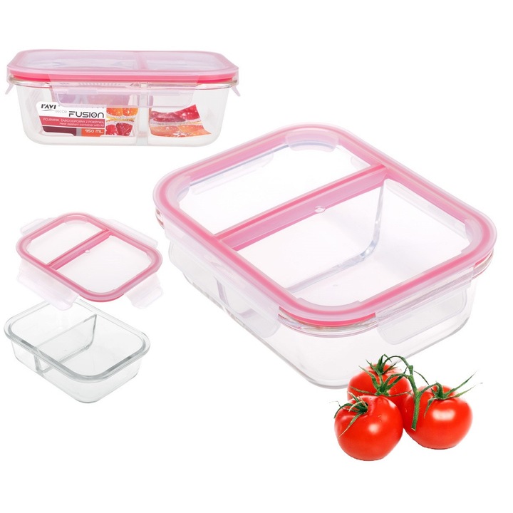 RAVI üveg élelmiszer tároló, 950 ml, téglalap alakú, két rekesszel, átlátszó fedéllel, 21x16x7cm