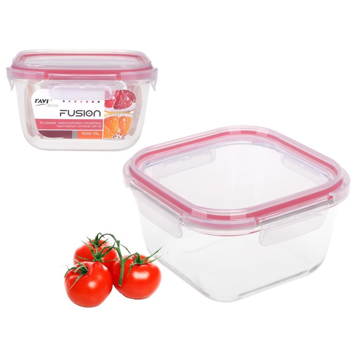 RAVI üveg élelmiszer tároló, 1000 ml, négyzet alakú, hőálló, fedéllel, 15,5x15,5x9,5cm