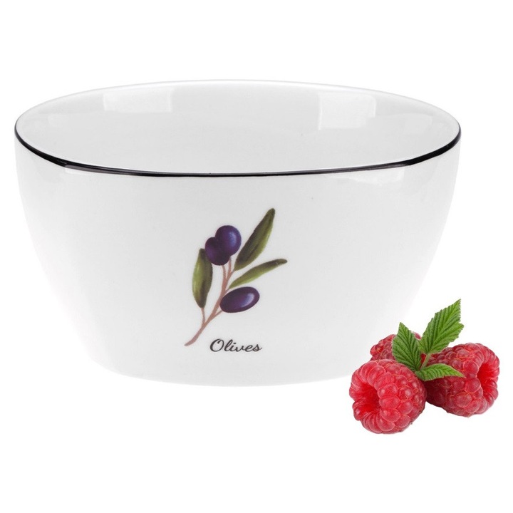 Bol din portelan Ravi PROWANSJA OLIVES 800 ml, alb cu imprimeu ramura de maslin, 16x7,8cm